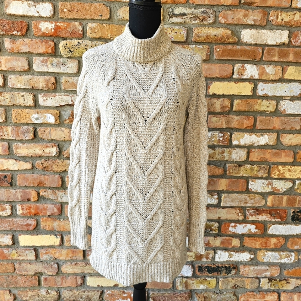 Longline Oatmeal Mock Neck Cable Knit Sweater